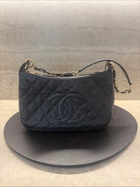 CHANEL Black Quilted Leather Shoulder Bag with Gold Chain with Box